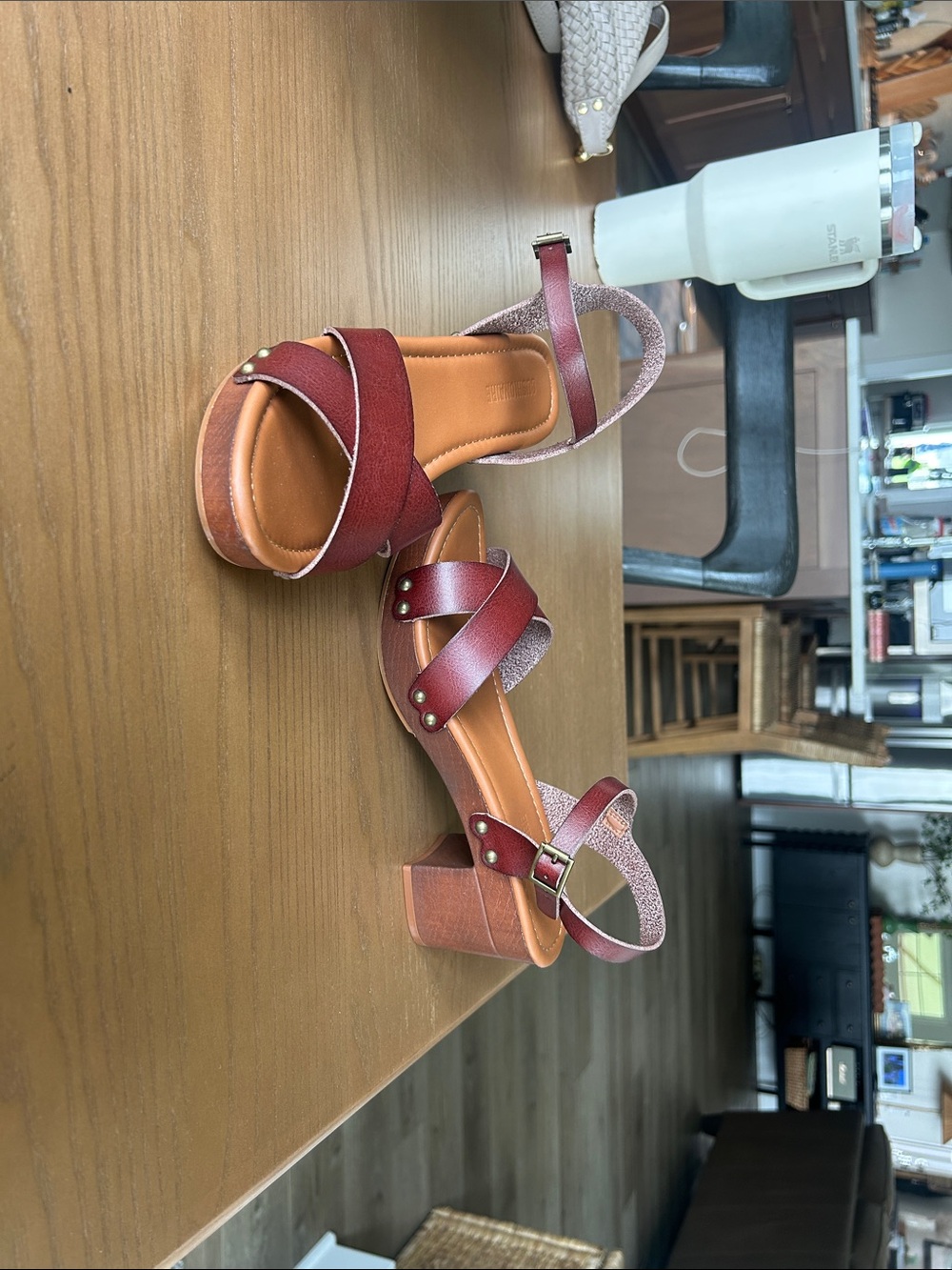 Women’s burgundy Strappy Block Heel Sandals with Ankle Strap